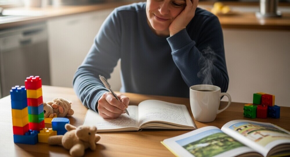 Parent working on a blog from home while balancing family life