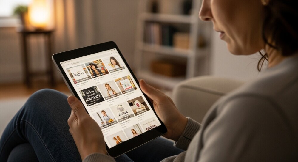 Parent browsing parent blogs online to find ones that fit their family’s needs