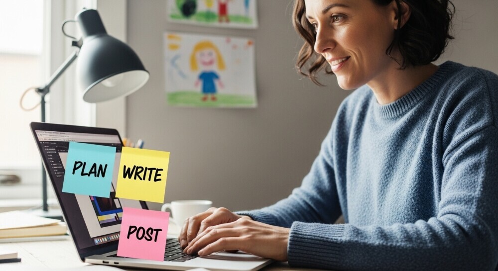 Parent blogger planning content workflow with clear structure