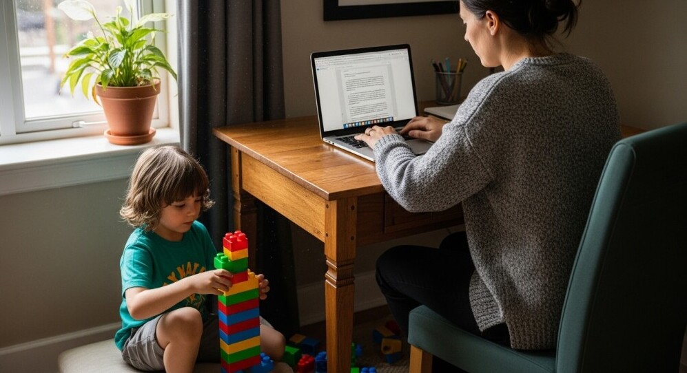 Parent writing a blog post from home while caring for their child
