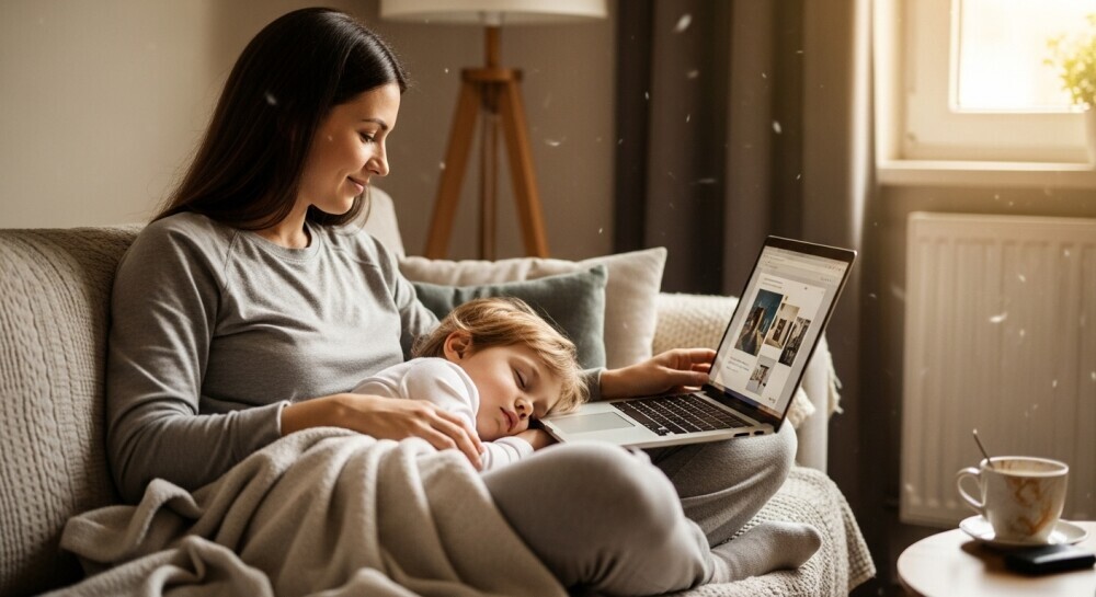 mom-on-laptop-with-napping-toddler