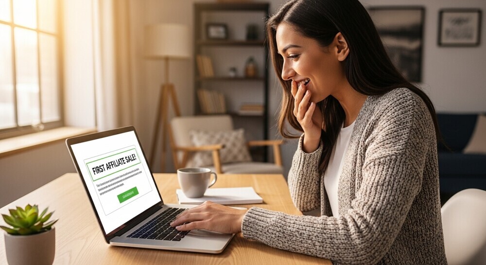 Parent celebrating first small affiliate income milestone