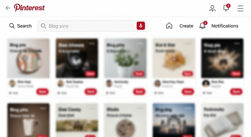Screenshot-style mockup of a Pinterest search results page (blurry text) showing blog pins in feed.