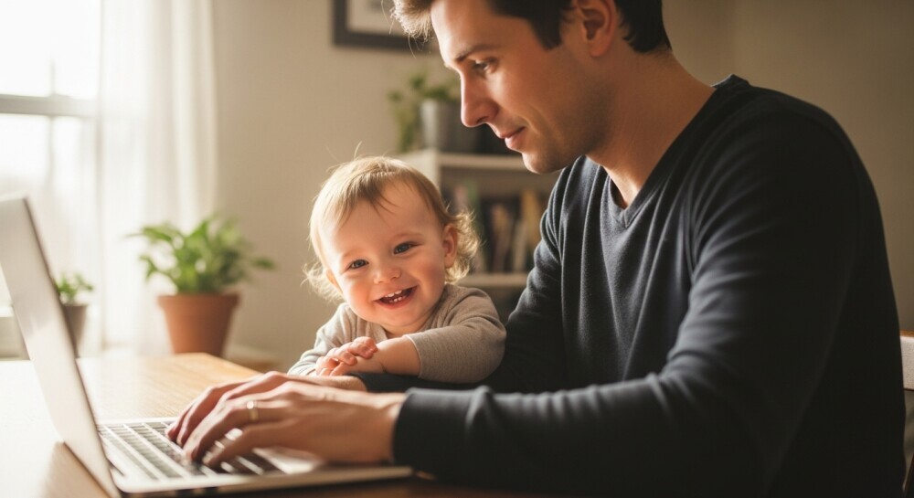Soft-focus family photo — parent typing on laptop with toddler nearby smiling.