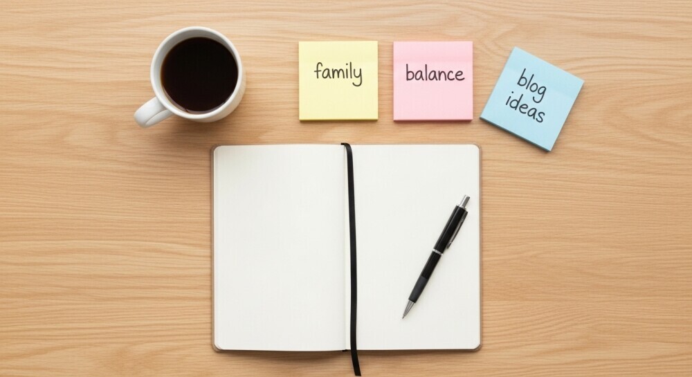 Notebook with parenting goals and priorities written out on a desk with coffee.