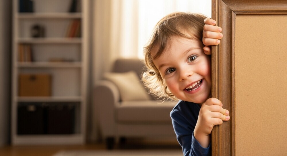A child giggling while “sneaking” into the photo frame