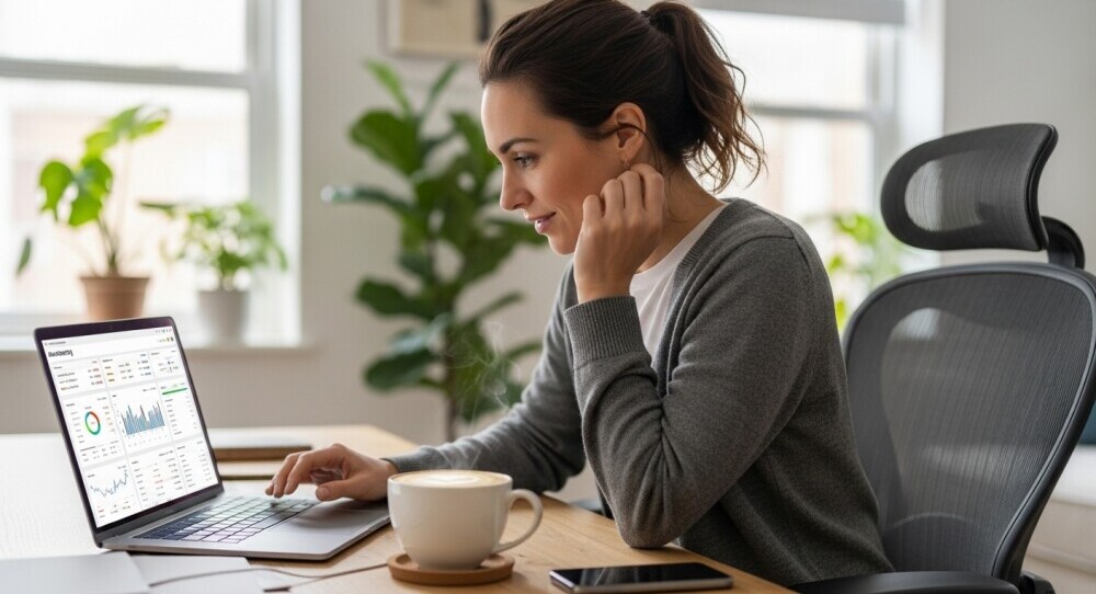 Blogger checking affiliate dashboard on laptop with coffee nearby