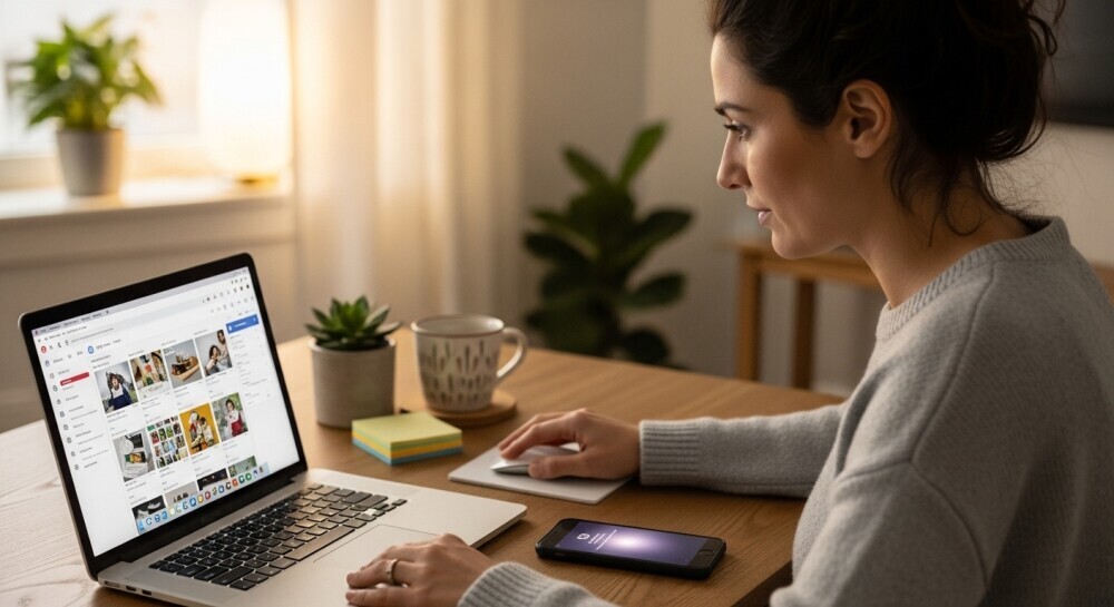 Parent sharing new blog content on social media platforms from home.