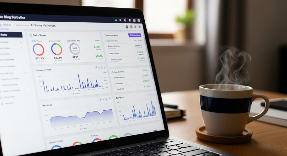 Parent blogger reviewing website income or analytics at home