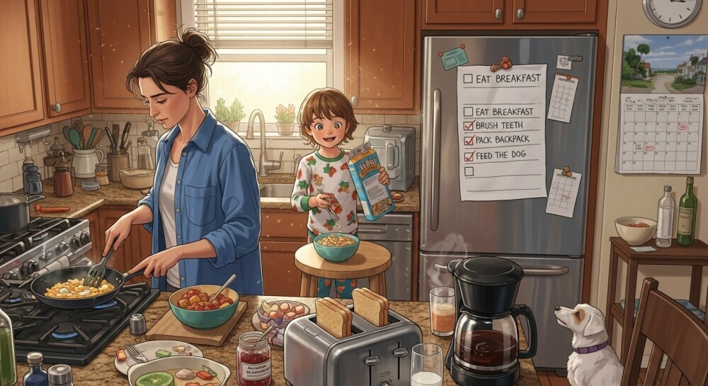 Parent and child following a morning checklist together, inspired by a parenting blog idea