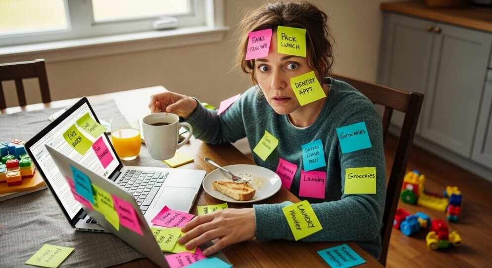 Funny, relatable photo — overwhelmed parent with laptop and coffee, sticky notes everywhere.