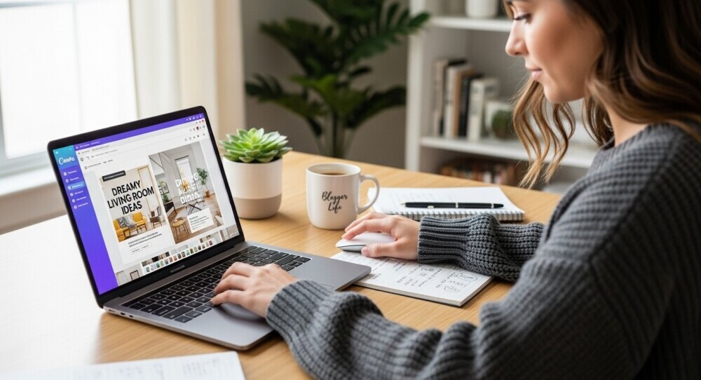 Blogger creating Pinterest pins in Canva on laptop