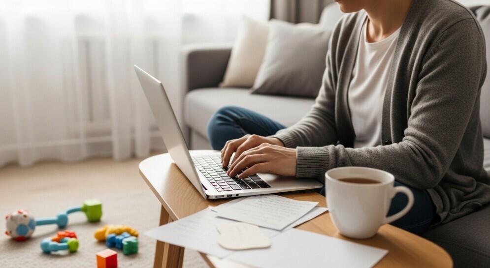 Parent blogger writing authentic stories from home surrounded by family life.