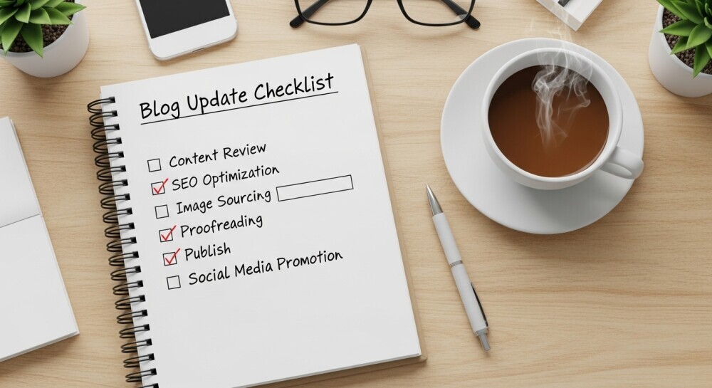 Blogging checklist with steps to refresh old content — planning updates.