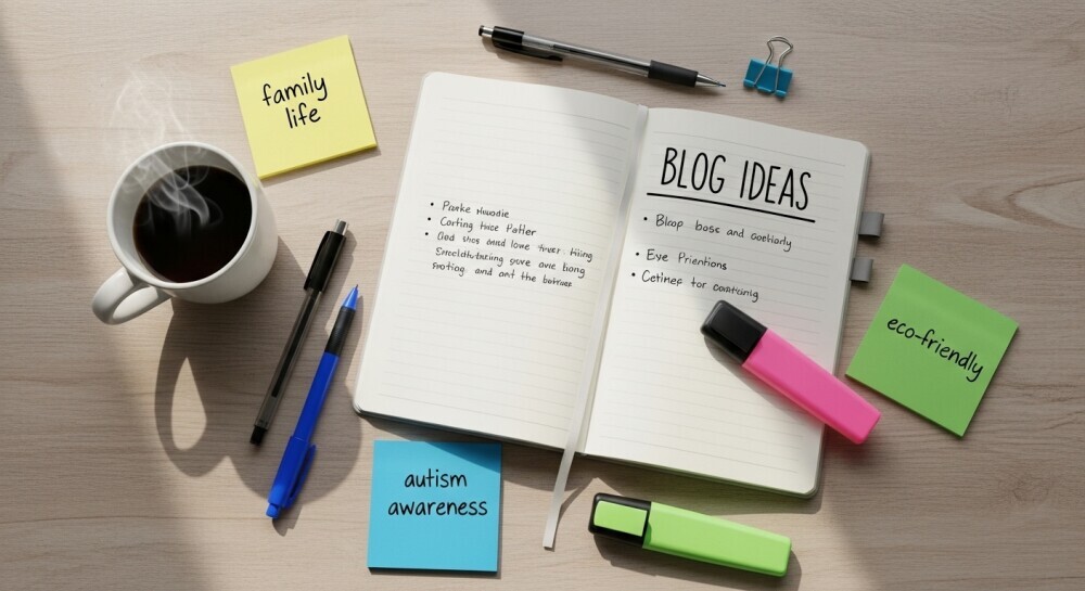 Notebook with parenting blog niche ideas and coffee on a tidy desk.