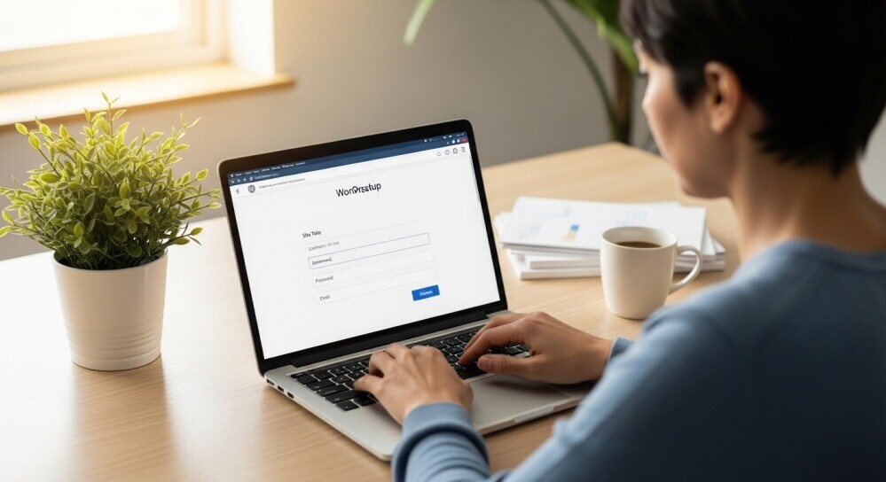 Parent choosing a blog name and setting up a WordPress website.