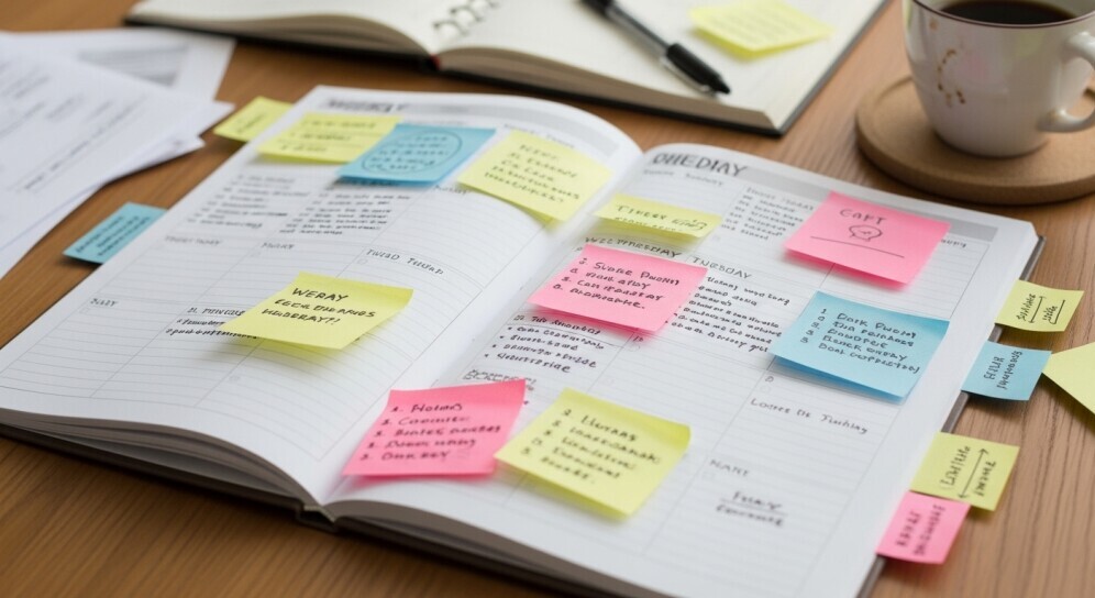 Open planner with family schedule and blogging tasks handwritten.