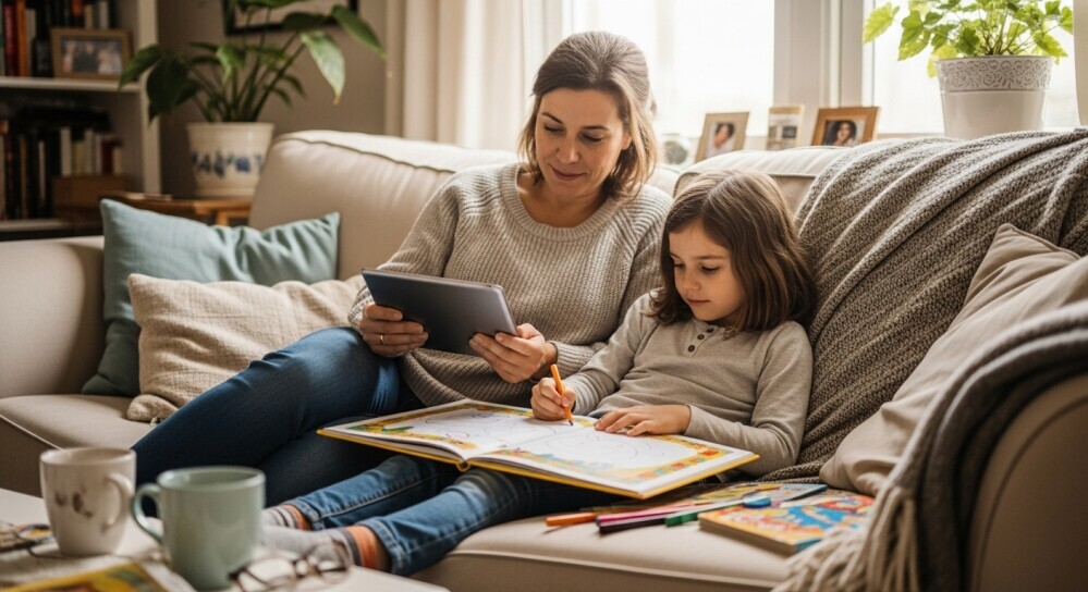 Parent researching online income ideas while balancing family life.