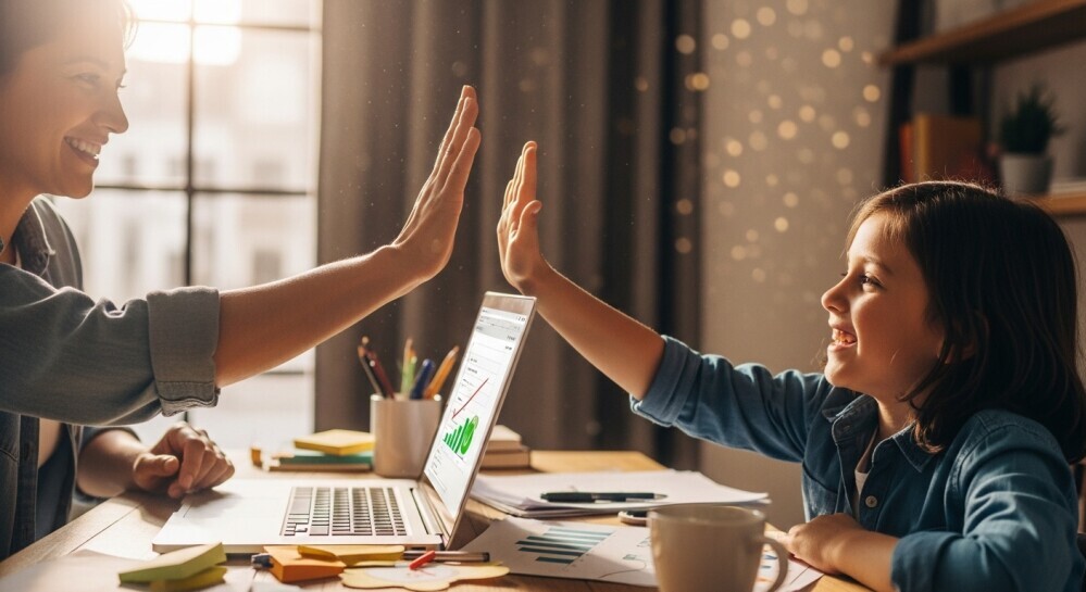 Parent celebrating a small success with their child while working from home.