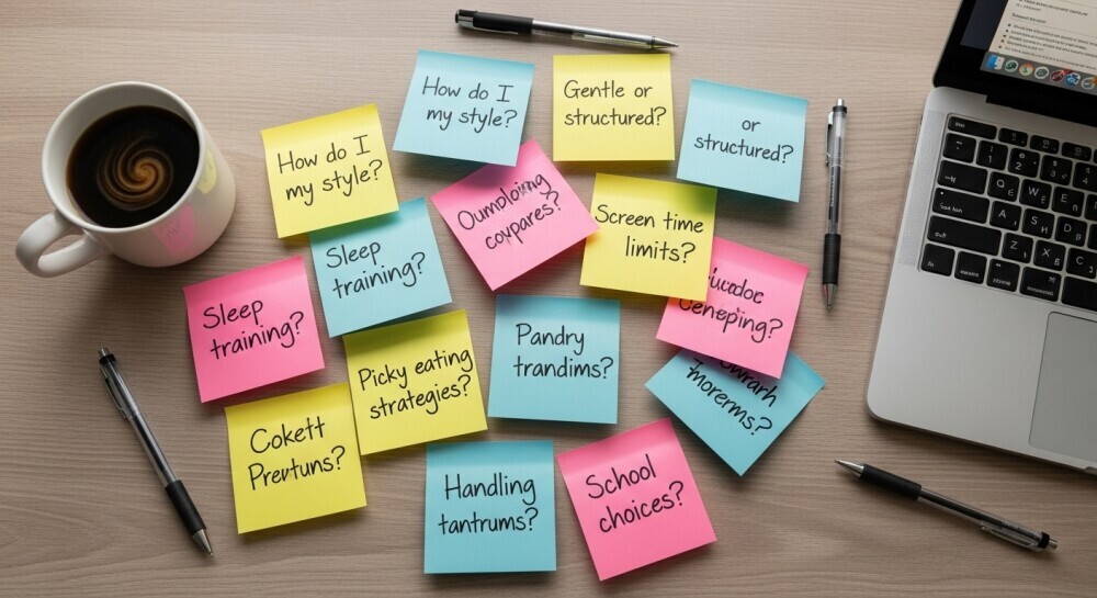 Parent writing questions about parenting styles while reading blogs for guidance