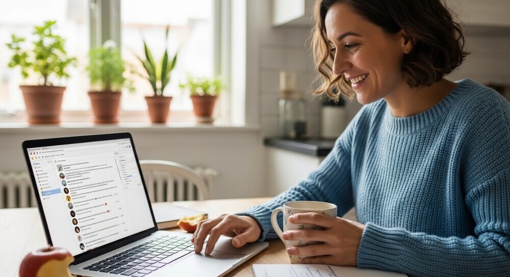 Parent blogger learning SEO from home in a calm family setting