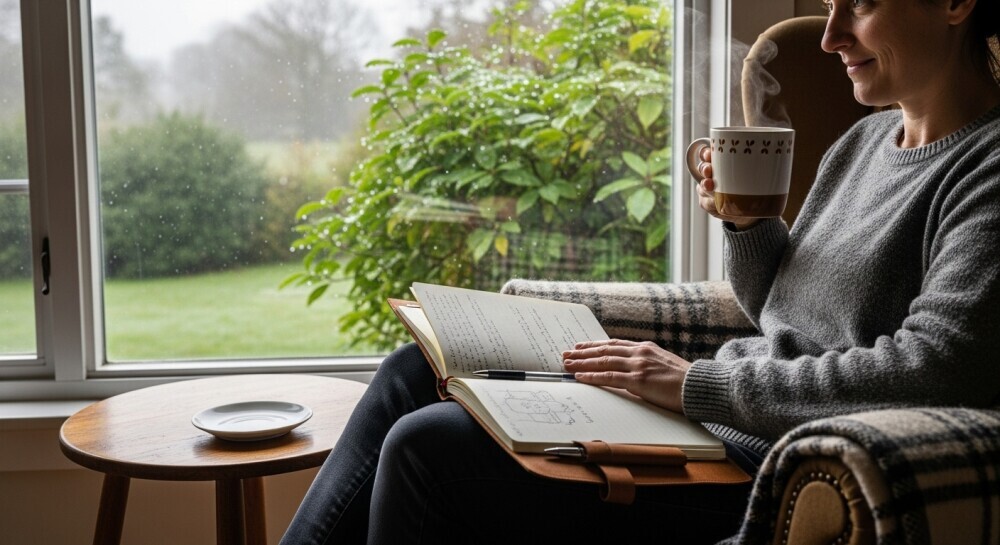 Parent taking a break to recharge and protect energy while balancing blogging and family.