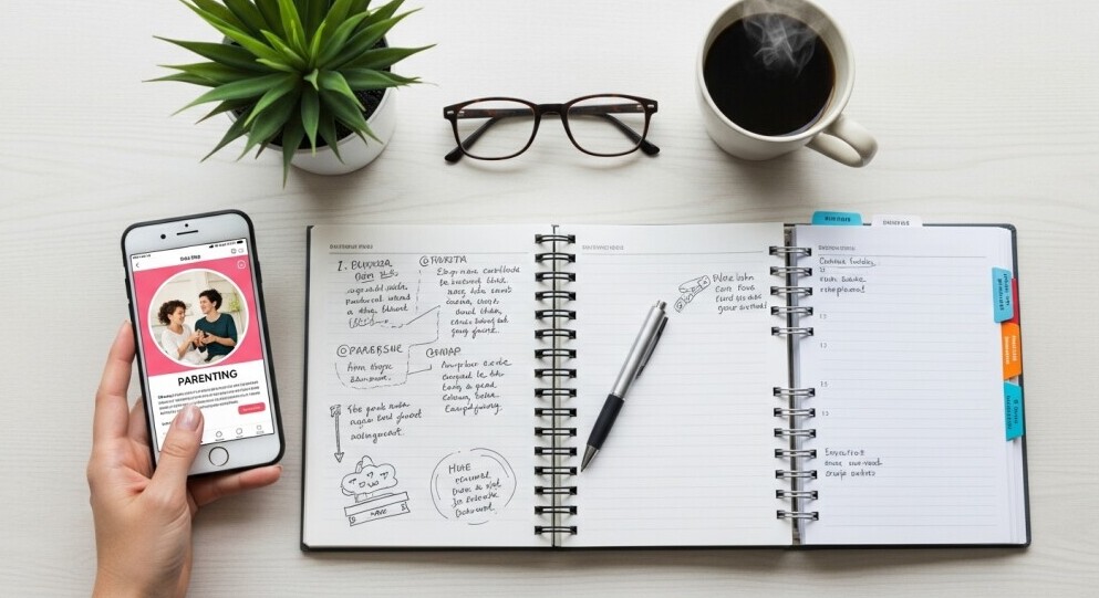 Parent engaging with blogs, taking notes, and connecting with other parent bloggers online