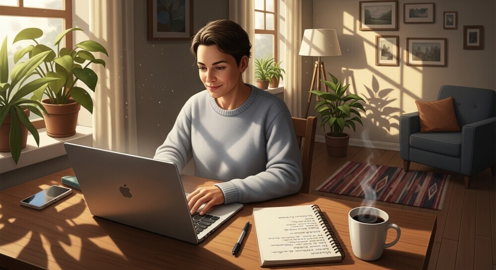 Parent building a simple blogging routine in a calm, family-friendly home setting.