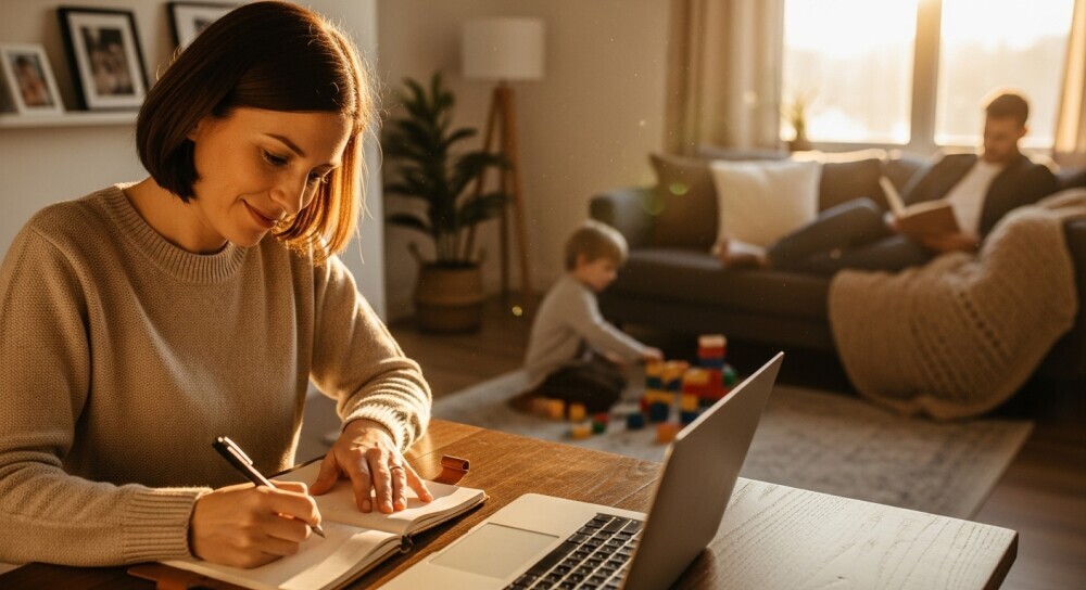 Warm, natural shot of a parent journaling or typing with a soft family backdrop.