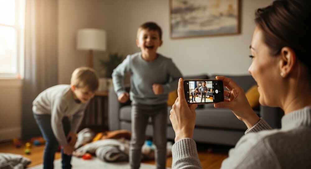 A warm lifestyle photo of a parent snapping a picture while kids laugh or play in the background