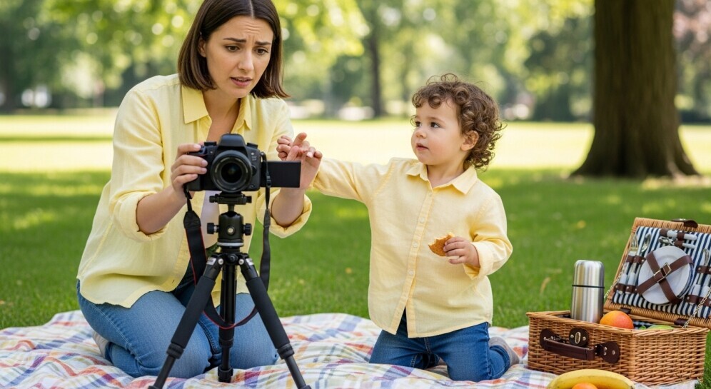 A blogger adjusting camera settings while a toddler tugs on their arm