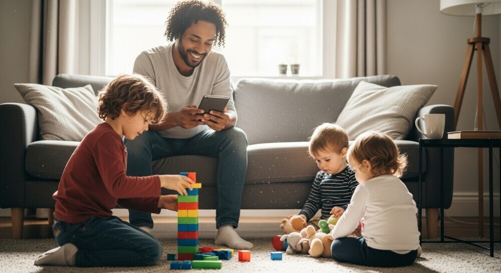 Parent reading a parenting blog on a tablet at home surrounded by kids.
