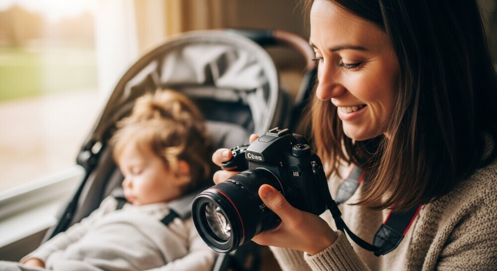 A parent with a camera in hand while a child naps in the background