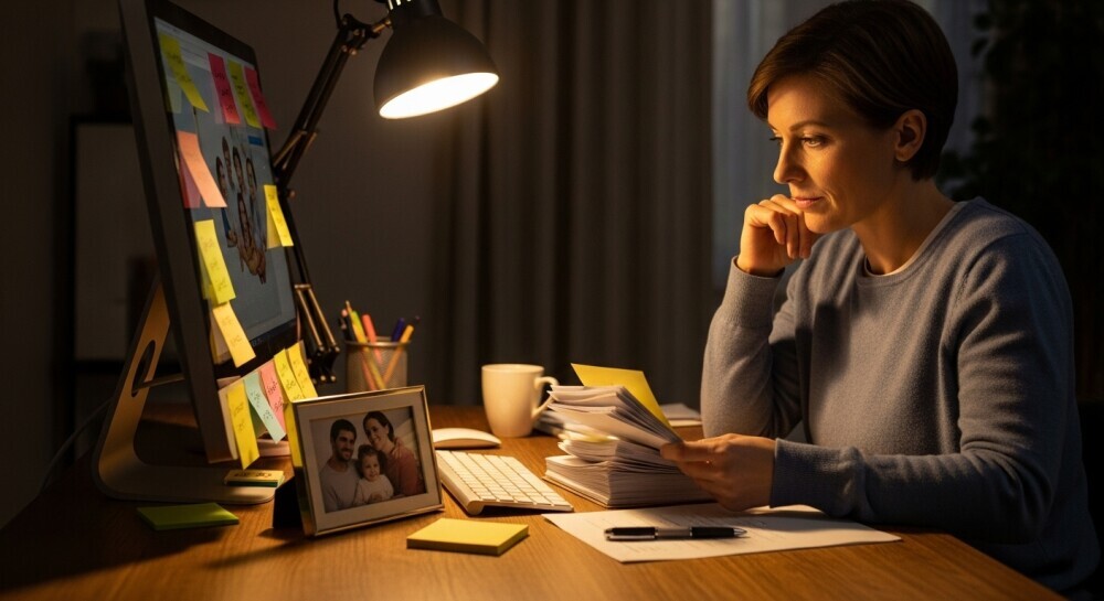 Parent deciding between family-friendly income options at home workspace.