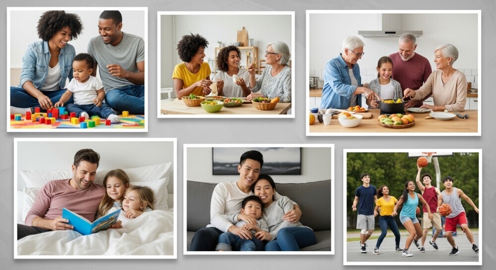 Different parenting styles represented by diverse families spending time together