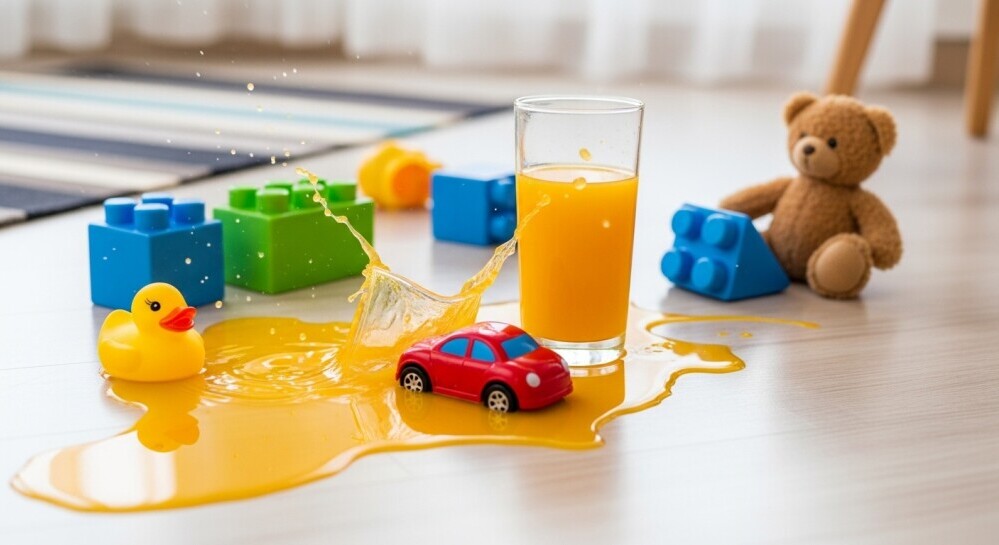 A playful candid of a juice spill or toys scattered in the middle of a styled setup