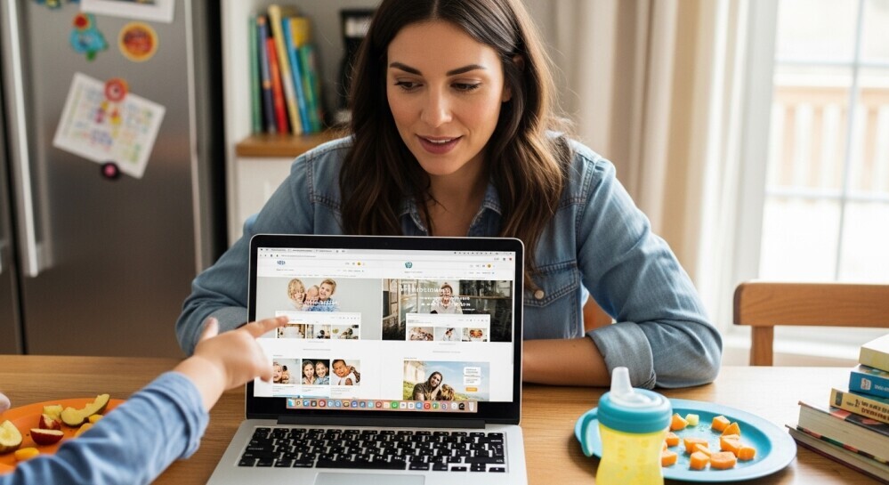 Parent blogger comparing WordPress themes on a laptop