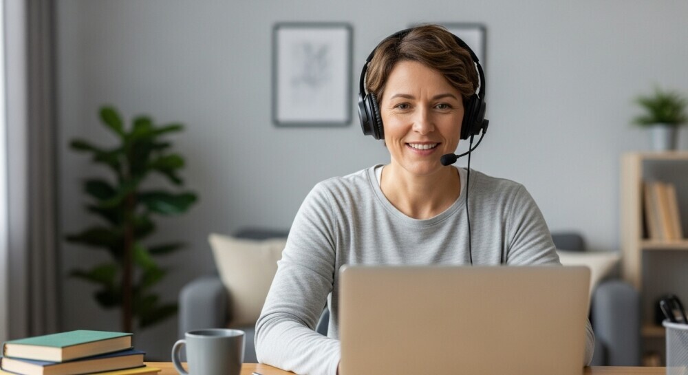 Parent recording or teaching an online course from a home workspace.