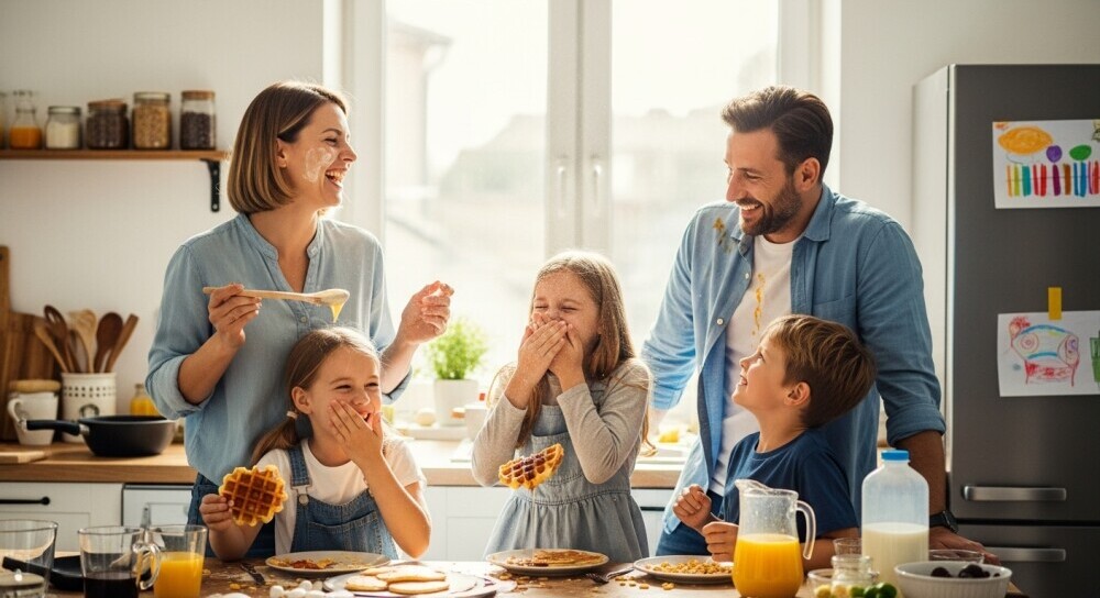 Family laughing together during everyday parenting moments at home.