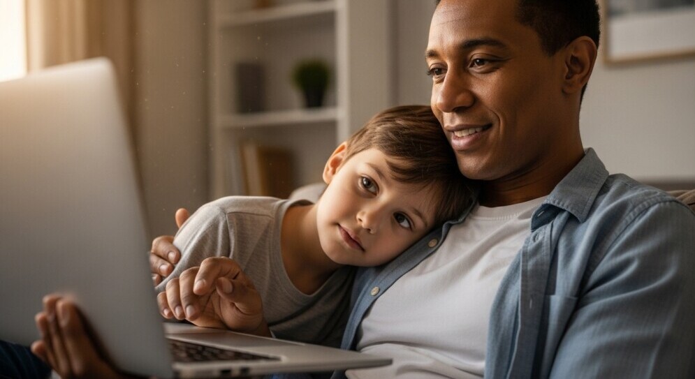 Parent working on a blog with child nearby, representing balance and progress over perfection.