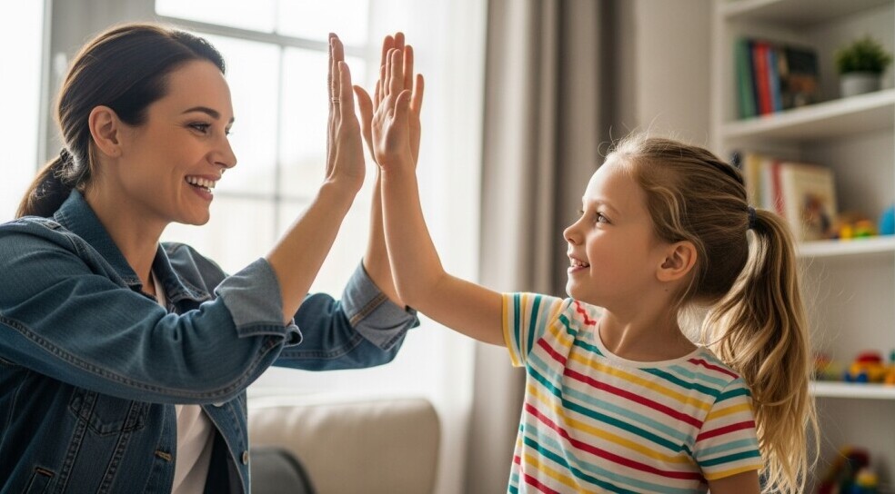 Parent celebrating small blogging wins at home, showing confidence growth.