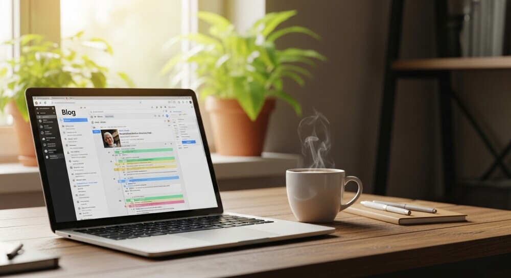 Parent setting up a blog on a laptop, symbolizing long-term income and freedom.