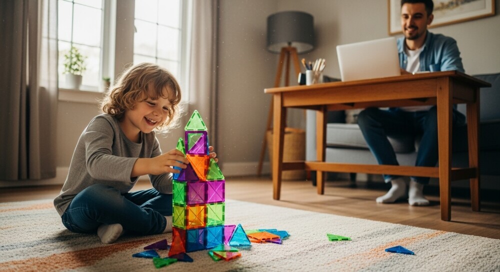 A child happily engaged with reusable sticker books or magnetic tiles while a parent is working nearby