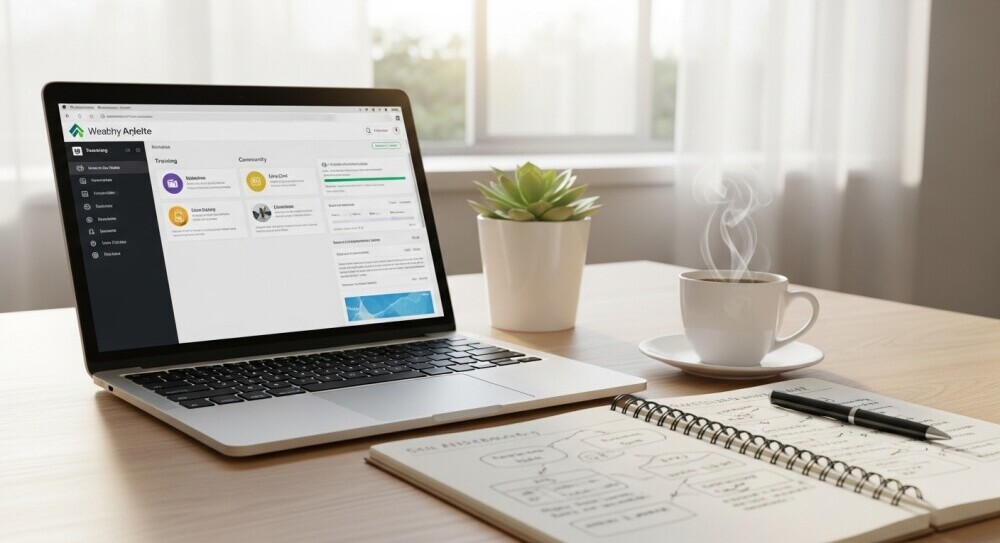 Wealthy Affiliate dashboard open on laptop beside notebook