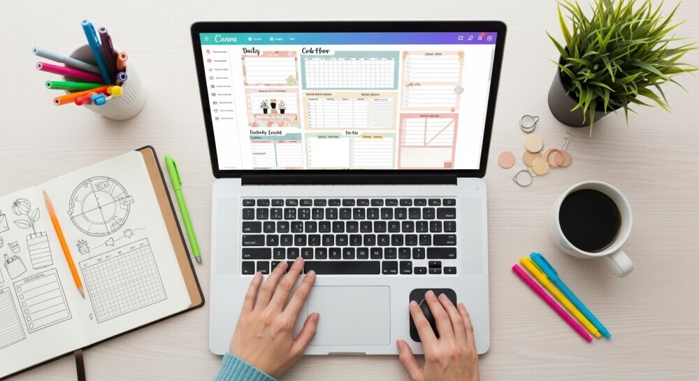 Parent creating digital products like planners or printables using Canva.