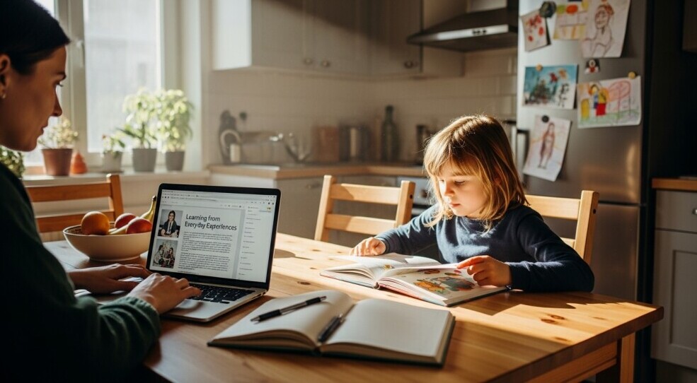 Parent reading parenting blog on laptop while child reads nearby