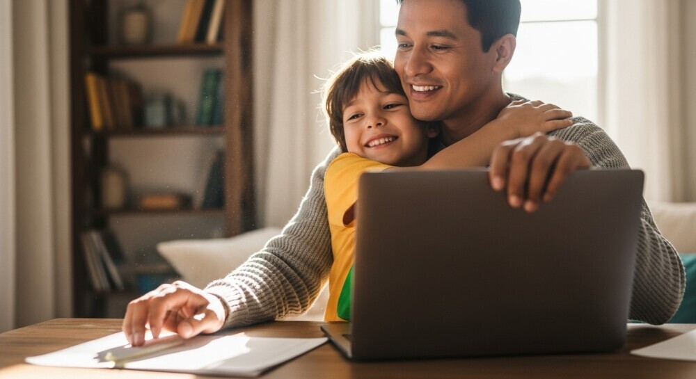 Parent celebrating work-life balance after finishing blog work at home.