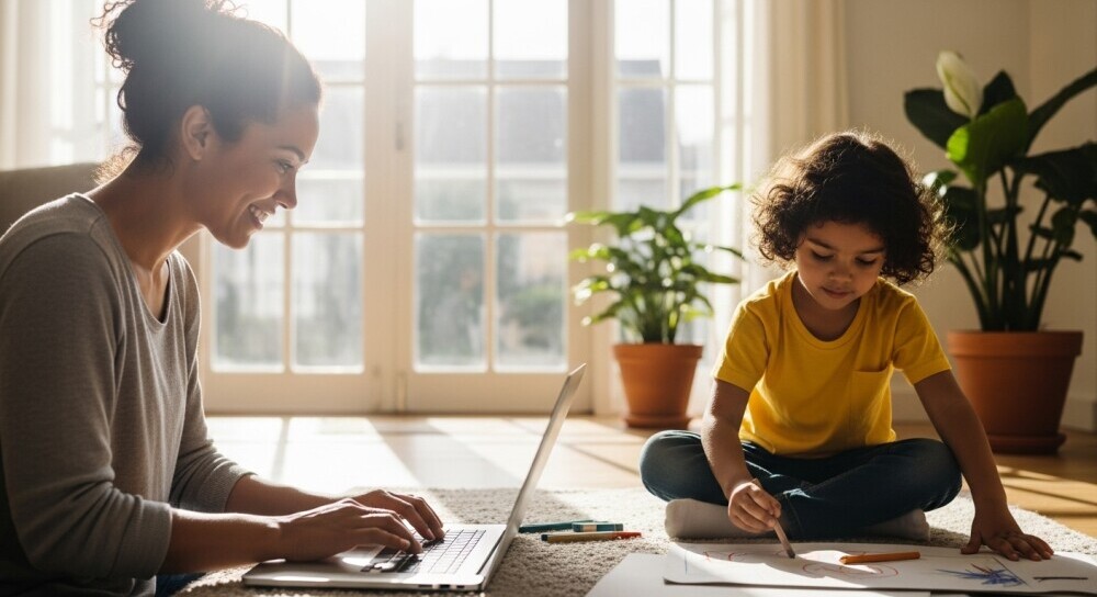 a parent blogger at laptop with child smiling