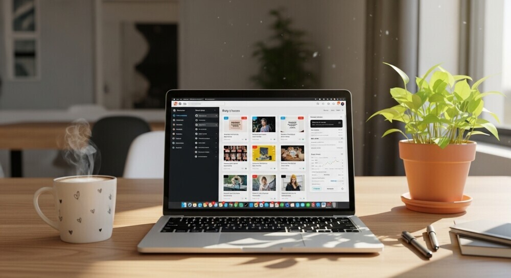 Bright workspace with a laptop open to a blog dashboard, cozy mug, and plant on the desk.
