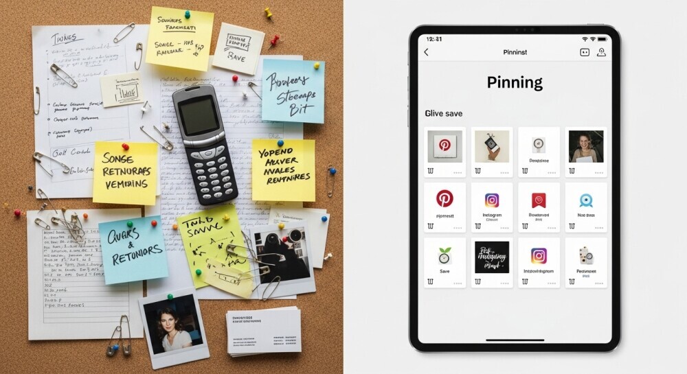 old-school messy pinning (papers, phone, notes) vs neat branded pins on a screen.